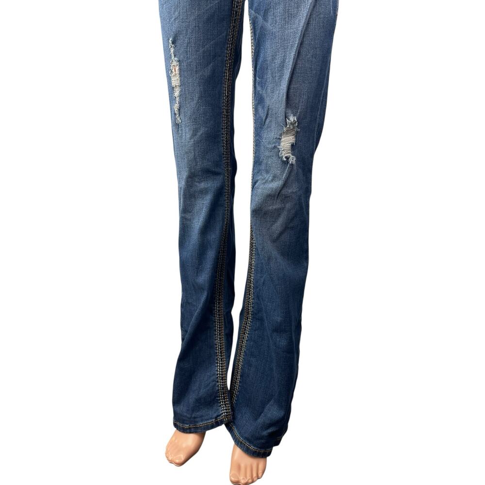 Seven7 Women's Blue Distressed Low Rise Ripped Bootcut Denim Jeans Pants Size 27 - Picture 3 of 10